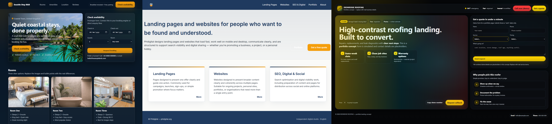 Three recent web design projects by PHdigital