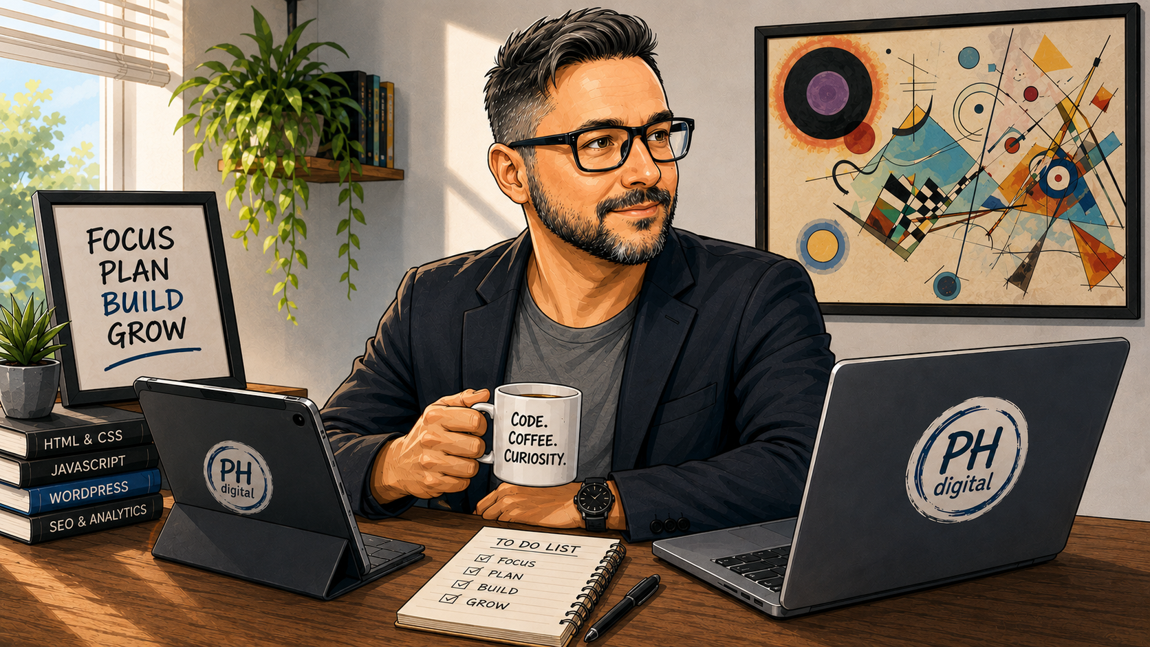 Illustrated caricature of Pavel Hromadník at work